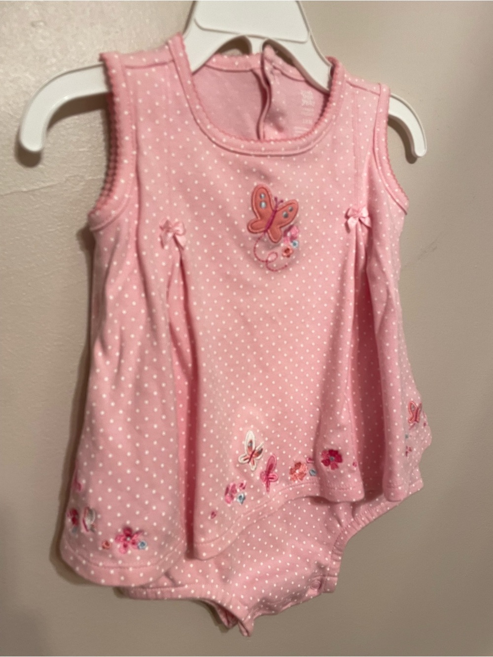Pink Polka Dot Embroidered Butterfly Sleeveless One-Piece Twirl Dress Bodysuit